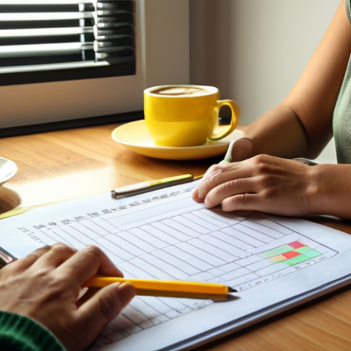 Home 11 **A person sitting at a desk in the morning, reviewing a task list with color-coded priorities (red, yellow, green), a cup of coffee nearby. The scene should convey a sense of calm and focused planning before the day begins.**