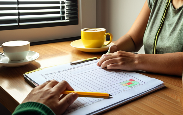 **A person sitting at a desk in the morning, reviewing a task list with color-coded priorities (red, yellow, green), a cup of coffee nearby. The scene should convey a sense of calm and focused planning before the day begins.**