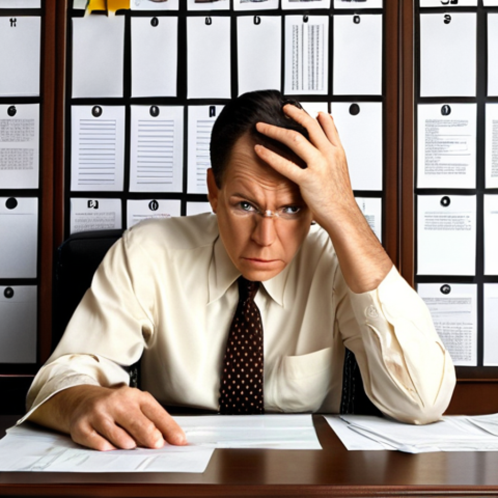**

Busy administrative professional overwhelmed by paperwork, using an Eisenhower Matrix to prioritize tasks. The scene should visually represent the urgency/importance categorization.

**