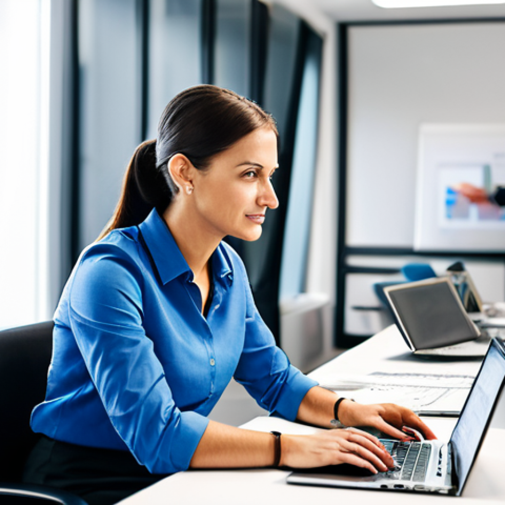 Prioritization in a Modern Office**

A busy but organized administrator in a stylish, fully clothed business casual outfit, working at a clean desk in a bright, modern office. The desk features a laptop, planner, and minimal clutter. In the background, blurred colleagues are collaborating. The overall feeling is productive and efficient.  Safe for work, appropriate content, fully clothed, professional, perfect anatomy, natural proportions, high quality.

**