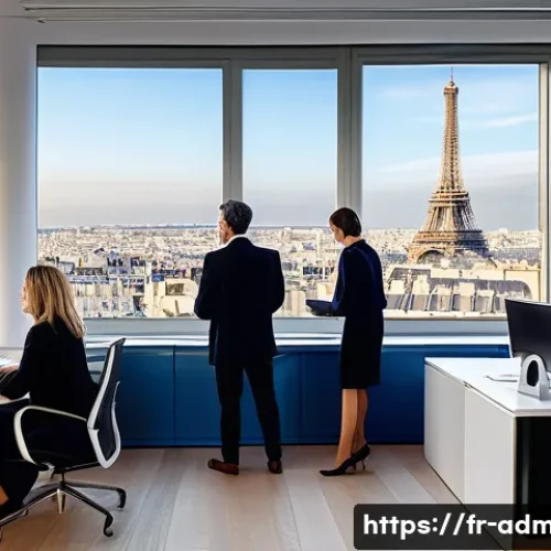 행정관리사 자격증 취득 후 진로 - A modern French local government office scene featuring a diverse group of administrative profession...
