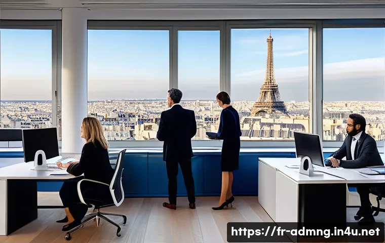 행정관리사 자격증 취득 후 진로 - A modern French local government office scene featuring a diverse group of administrative profession...