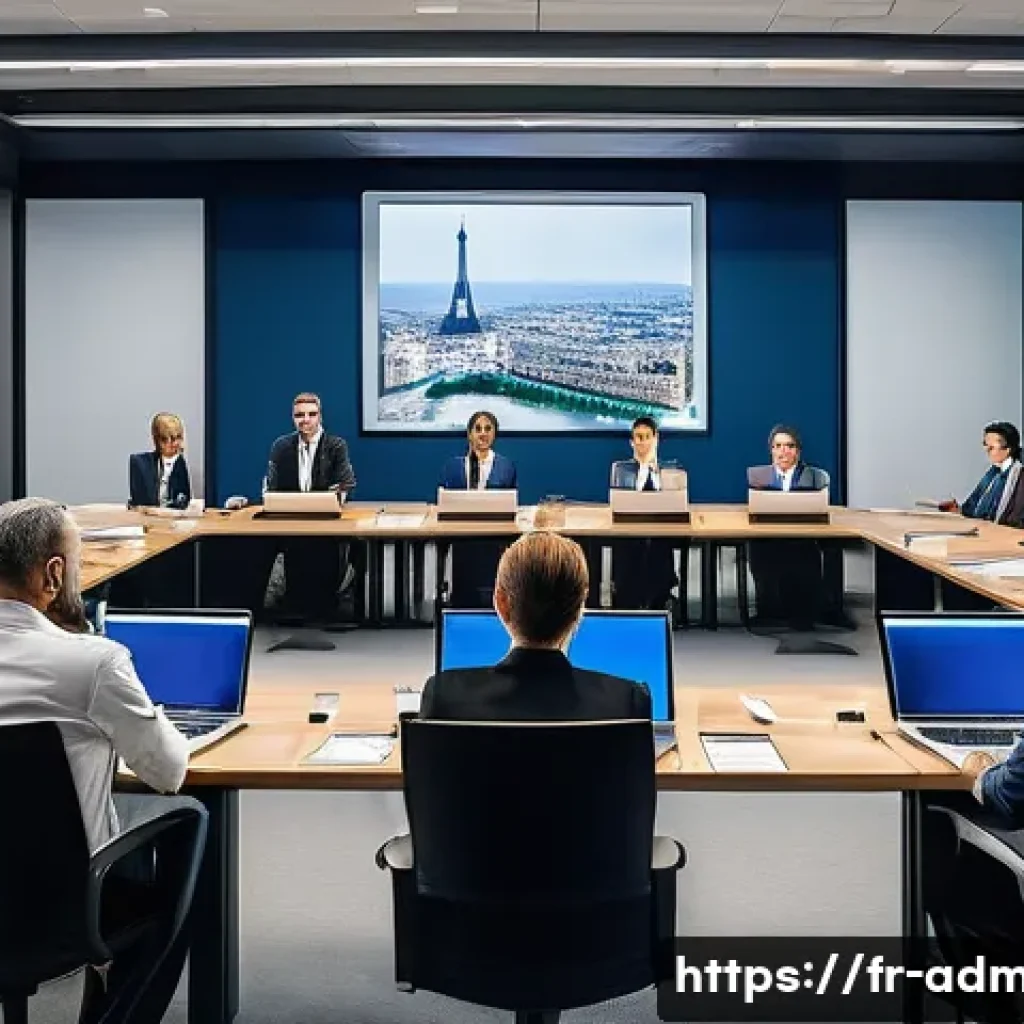 행정관리사 전문성 강화 방법 - A modern French administrative office scene showing a diverse team of professionals attentively part...