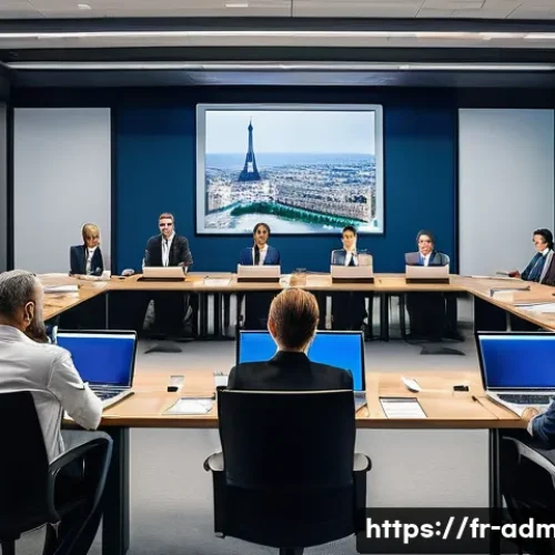 행정관리사 전문성 강화 방법 - A modern French administrative office scene showing a diverse team of professionals attentively part...