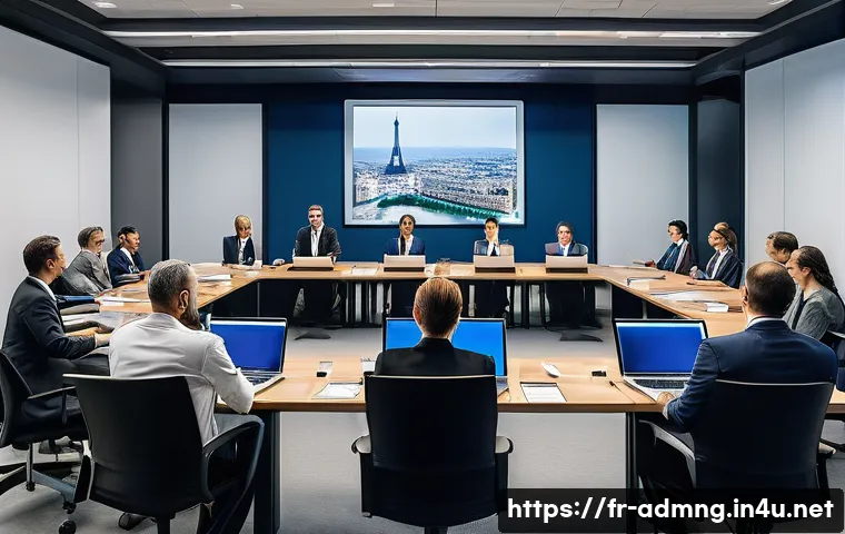 행정관리사 전문성 강화 방법 - A modern French administrative office scene showing a diverse team of professionals attentively part...