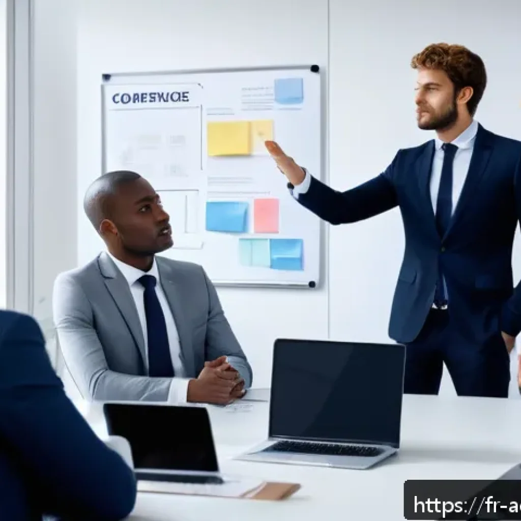 행정관리사와 직장 내 갈등 해결 - A modern office scene showing a diverse French-speaking team engaged in a calm conflict resolution m...