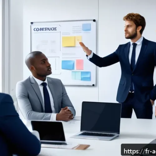 행정관리사와 직장 내 갈등 해결 - A modern office scene showing a diverse French-speaking team engaged in a calm conflict resolution m...