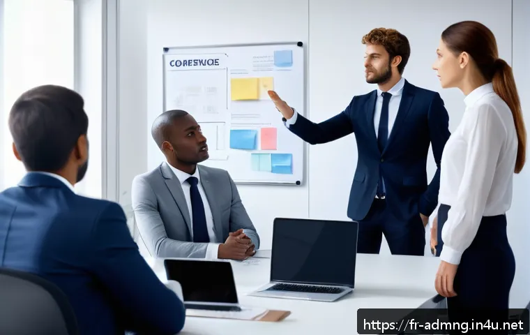 행정관리사와 직장 내 갈등 해결 - A modern office scene showing a diverse French-speaking team engaged in a calm conflict resolution m...