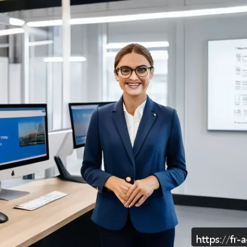 행정관리사와 조직개발 사례 - A modern French municipal office interior showing a public agent working efficiently with AI-powered...