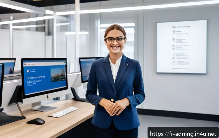 행정관리사와 조직개발 사례 - A modern French municipal office interior showing a public agent working efficiently with AI-powered...