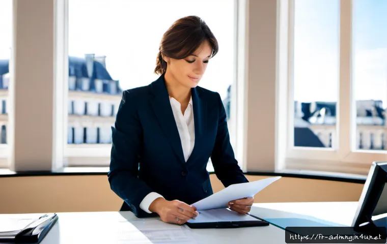 행정관리사로 성공한 사람들의 공통점 - Photorealistic French administrative professional in a bright modern office, confident middle-aged w...