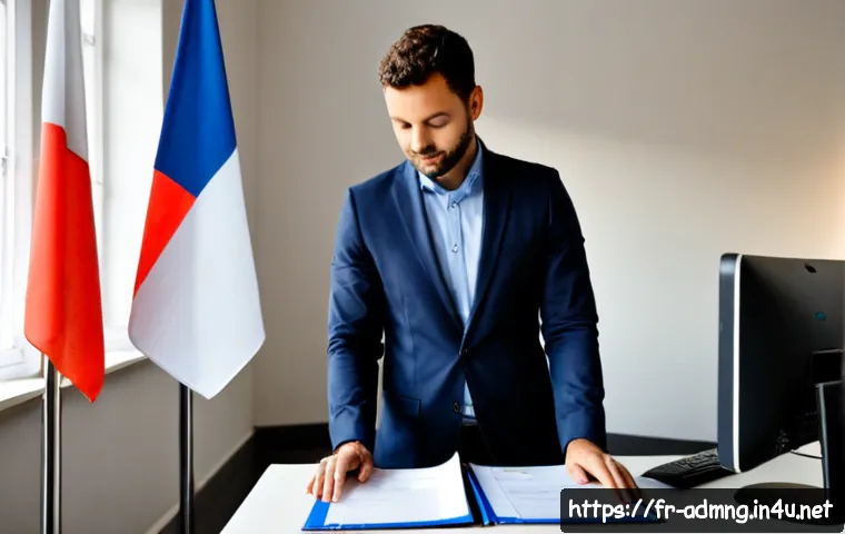 Home 17 행정관리사 자격증의 장점과 단점 - Photorealistic bright French municipal office, confident administrative professional reviewing neatl...